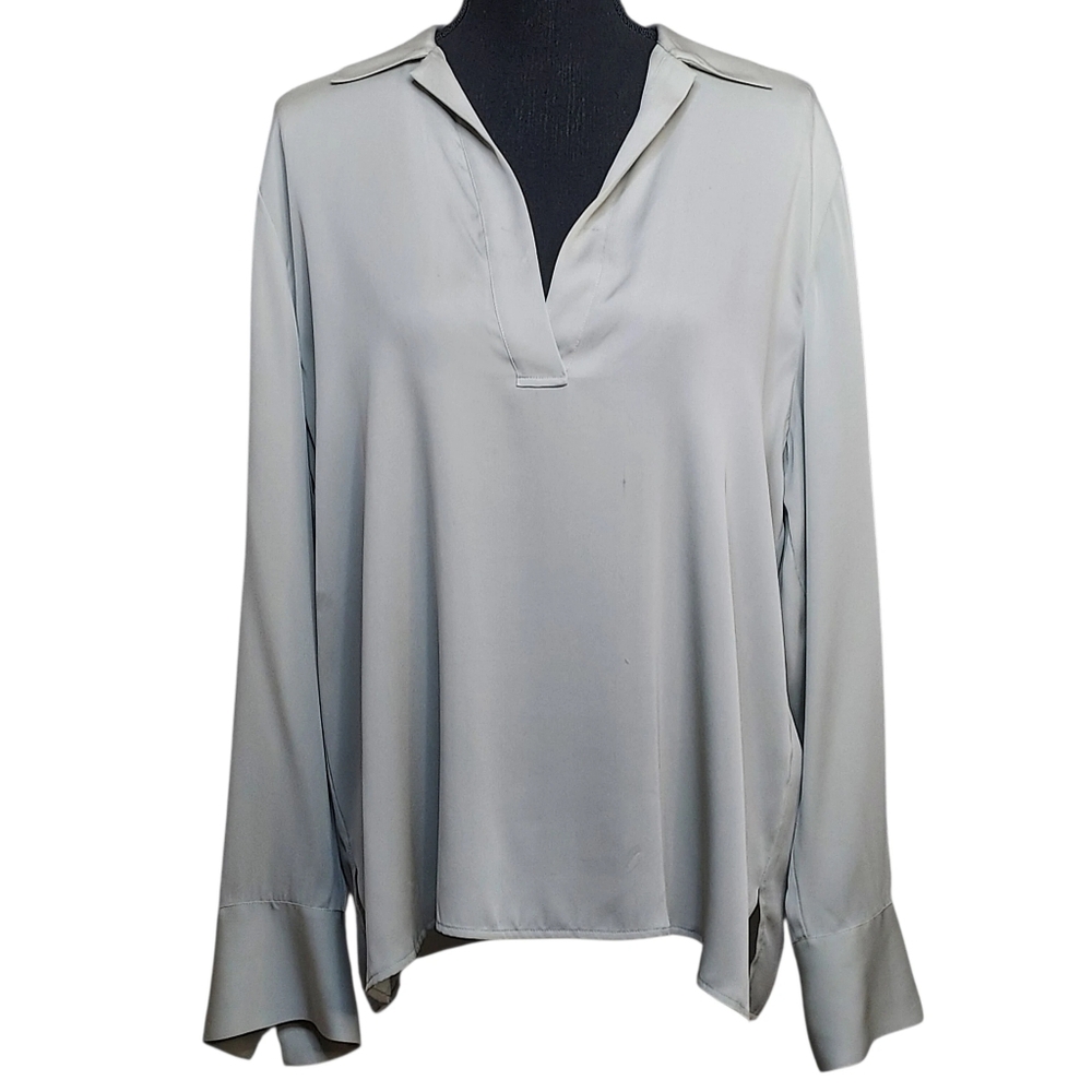 VINCE. Women L/12 Silver Sage Silk Old Money Luxury Long Sleeve Pullover Polo